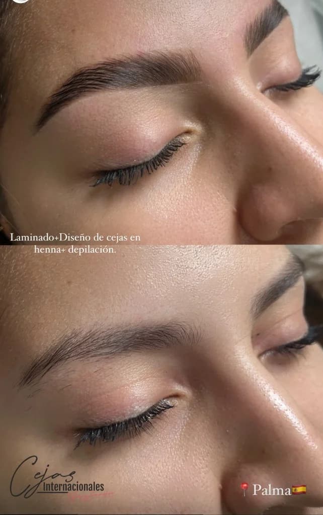 Antes y después de laminado de cejas con henna y depilación