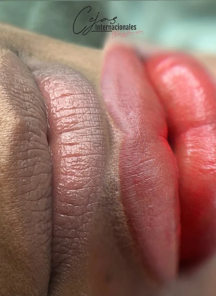 Antes y después de neutralización labial: labios oscuros frente a tono rosa uniforme